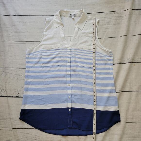 Express Size L Blue White Sleeveless Portofino Collared Button Up Blouse - Picture 4 of 7
